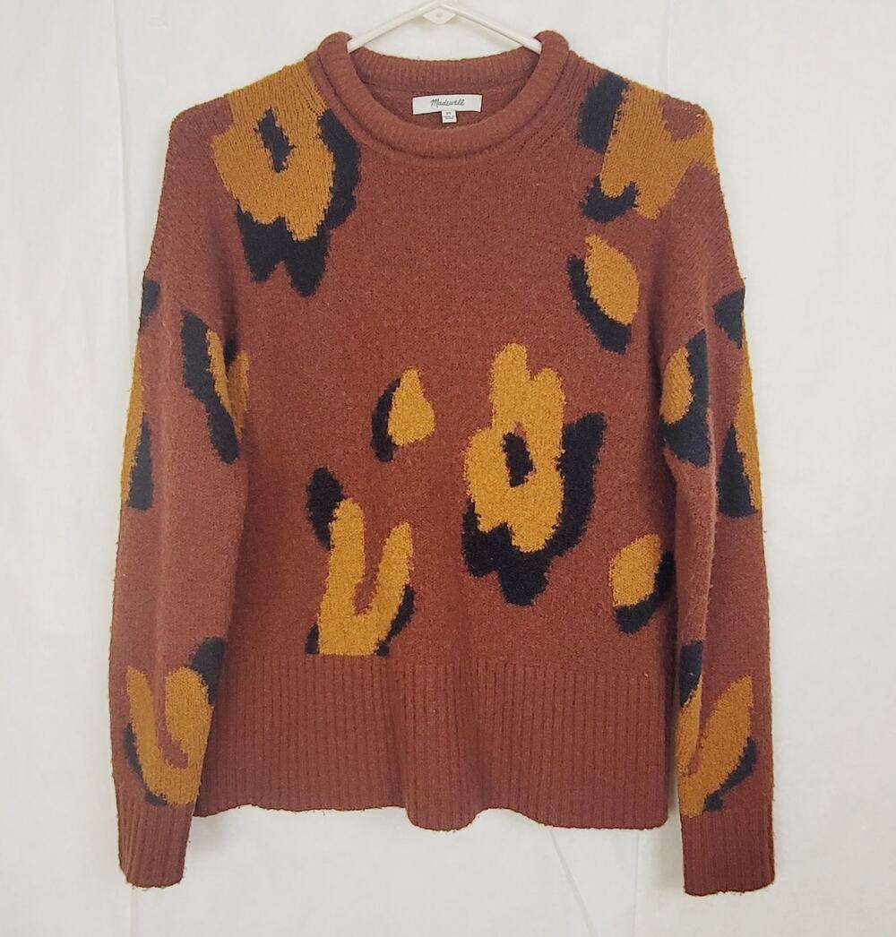Madewell Fulton brown leopard intarsia roll neck sweater XS Preppy Casual Cabin